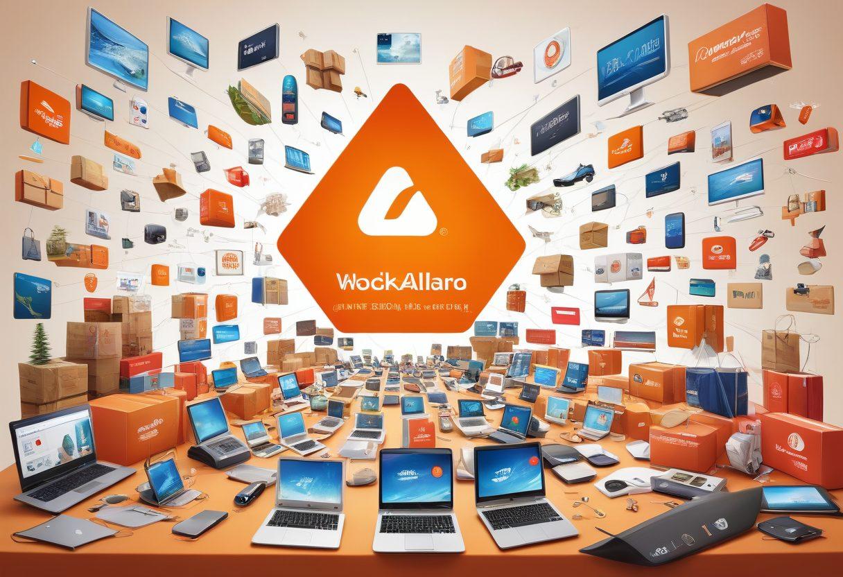 A dynamic collage featuring a flourishing online marketplace scene with vibrant Alibaba logos, various product categories like electronics, fashion, and home goods displayed prominently. Include growth elements such as ascending graphs, currency symbols, and international shipping visuals that represent global trade. The overall vibe should evoke ambition, connectivity, and success in e-commerce. super-realistic. vibrant colors. 3D.