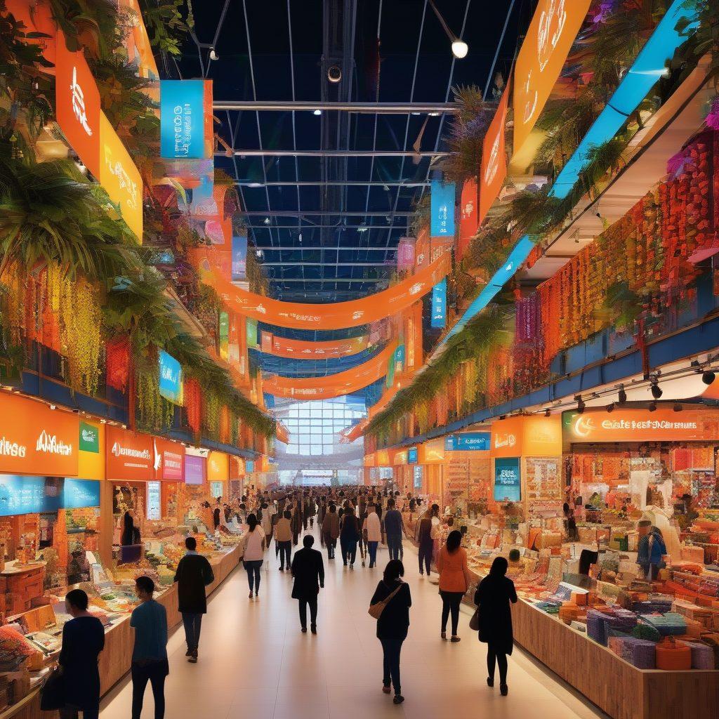 A bustling marketplace scene showcasing diverse products transitioning from retail to wholesale, with a large Alibaba logo prominently displayed. Include vibrant signs indicating various global trade opportunities, enthusiastic vendors interacting with buyers from different cultures, and a rich tapestry of items ranging from electronics to textiles. Capture a sense of global commerce with a dynamic atmosphere. bright colors, realistic, 3D.