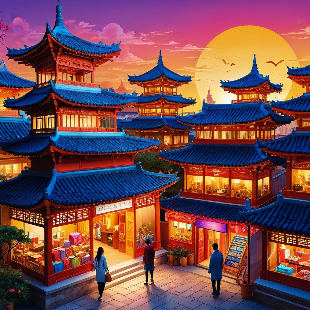 An enchanting digital illustration of a mysterious lock being opened to reveal a bustling e-commerce marketplace filled with colorful products, Asian-inspired architecture, and engaging online shoppers. In the background, a sunrise symbolizes new opportunities in e-commerce. Emphasize vibrant colors and a sense of discovery. surreal art. vibrant colors.